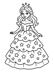 Fototapeta premium Enchanting Princess in Ballgown: A whimsical illustration of a charming princess, adorned in a star-patterned ballgown and a regal crown, exudes elegance and grace. 