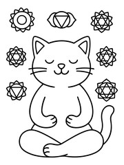 Meditative Cat: A serene cartoon cat, deeply immersed in meditation, exudes tranquility and inner peace. Delicate lines and subtle details emphasize its connection to the energy centers above.