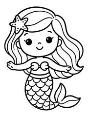Fototapeta premium Charming Mermaid Illustration: A whimsical illustration of a smiling mermaid, a symbol of the sea, joy and fantasy, rendered in a simple yet captivating design.