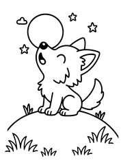 Fototapeta premium Moonlit Serenade: An adorable illustration captures a charming cartoon wolf serenading the moon under a starry night sky.