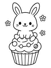 Cuteness Overload: A charming illustration featuring a cartoon bunny perched atop a decorative cupcake, surrounded by floral accents, creating a whimsical and delightful composition.