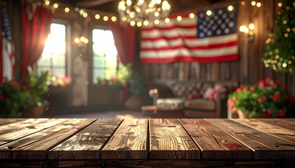 Rustic wooden table with blurred American flag and festive lights in background.