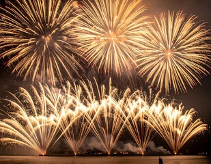 Spectacular Golden Fireworks Display Illuminating the Night Sky with Vibrant Bursts and Reflections.