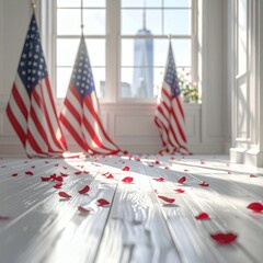 Three American flags stand tall in a sunlit room, with red rose petals scattered across the wooden floor, creating a patriotic and romantic atmosphere.
