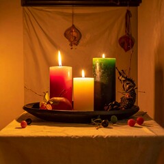 Three vibrant candles illuminate a festive autumn display, casting a warm glow on berries and decorative elements, creating a cozy and inviting atmosphere for a holiday celebration.