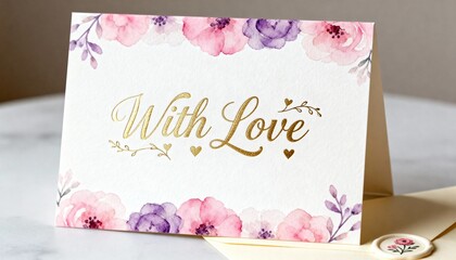 Elegant Love greeting card with golden calligraphy lettering, soft watercolor floral border with flowers in pink and purple tones, romantic luxury stationery design for weddings, Valentine&rsquo;s Day
