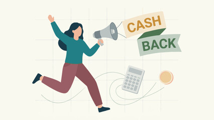 Woman promoting 'Cash Back' offer with megaphone, financial reward illustration