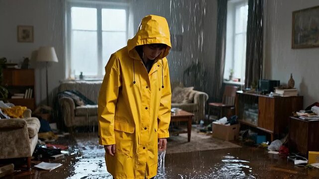 A person in a flooded living room with rain pouring down