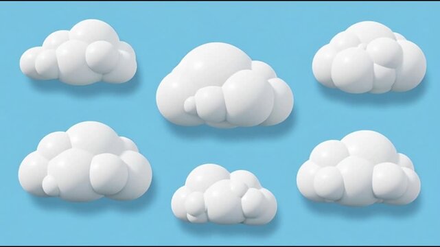 Seven white cloud formations on a blue background, viewed from directly above, showcasing various shapes and sizes in a serene environment