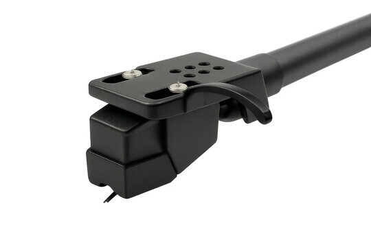 Turntable headshell and cartridge with stylus, transparent background