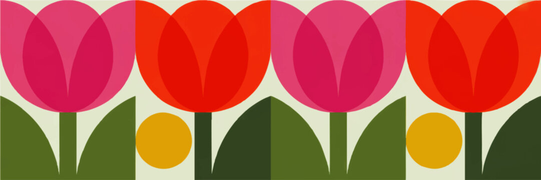 Colorful geometric tulip pattern illustration, retro floral background with pink and red flowers, modern spring wall art design