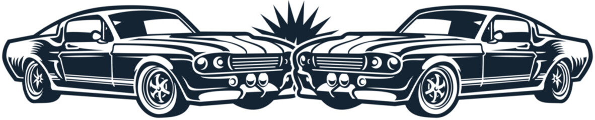 Black car accident head-on collision icon silhouette, vector art isolated on transparent background