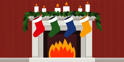 Cozy Christmas fireplace with hanging stockings, candlelight and garland, festive winter holiday illustration background