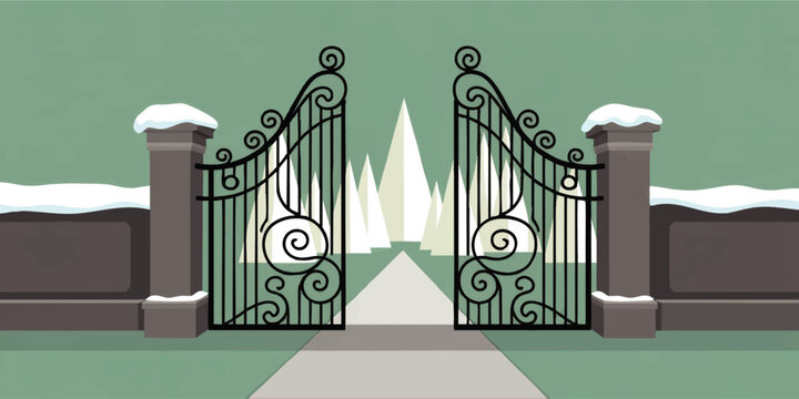 Elegant wrought iron gate opening to snowy winter park path with evergreen trees, flat vector illustration, teal background