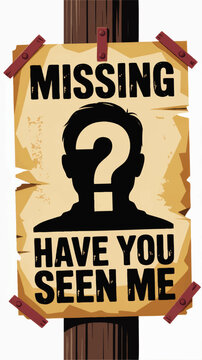 Vintage missing person poster on wooden pole with question mark silhouette and bold have you seen me text illustration