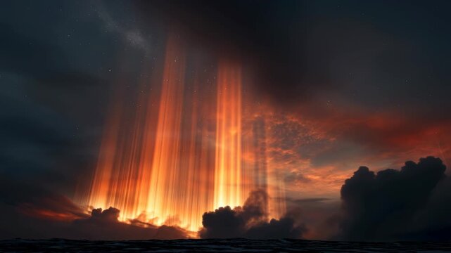 Majestic Sunset with Vibrant Orange and Red Rays Piercing Dark Clouds in a Dramatic Sky