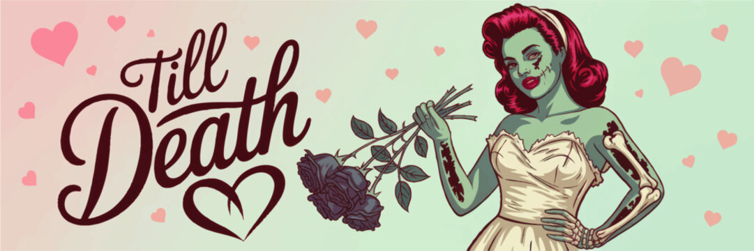 Retro zombie bride holding roses with Till Death love lettering, gothic horror romance pinup illustration on pastel heart background