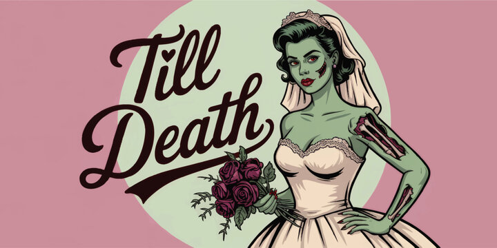 Retro zombie bride illustration with roses and Till Death lettering, horror wedding art, gothic romance vector on pastel background