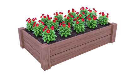 Wooden Raised Garden Bed with Red Flowers
