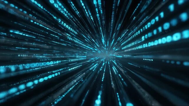 Abstract blue binary code data tunnel flythrough with high speed motion blur and glowing numbers