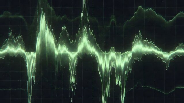 Green glowing sound wave oscilloscope graph displaying strong amplitude and frequency lines