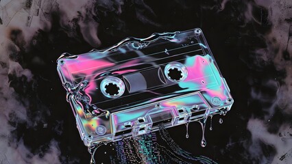 Abstract cassette tape melting and dripping with iridescent liquid and digital data stream