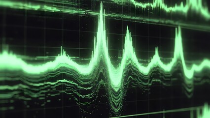 Abstract green sound waves display on dark digital screen background