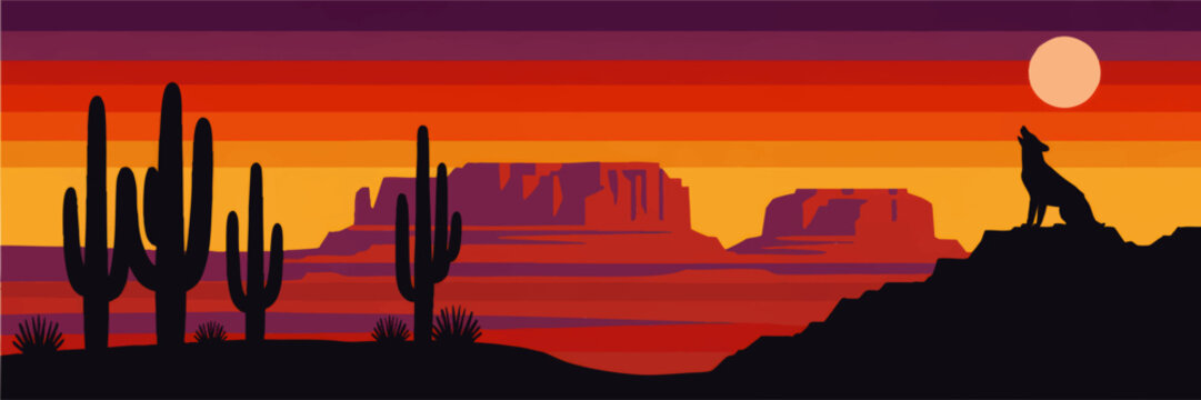 Colorful desert sunset landscape with howling coyote, cactus silhouettes and mesa mountains in vibrant orange purple horizon