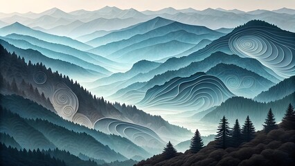 Modern abstract composition with flowing topographic layers in cool blue, slate gray, and muted teal tones, ideal for contemporary wall art, calm branding, and minimalist interior design
