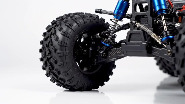 Close-up of Remote Control Car Wheels and Suspension System on White Background