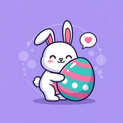 Cartoon bunny hugging a colorful egg with a heart speech bubble on a purple background.