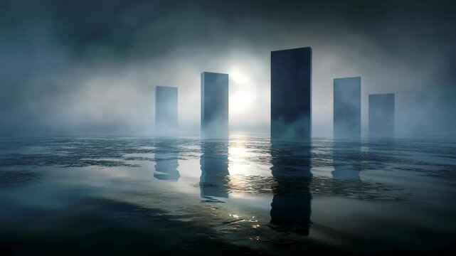 Ethereal Landscape with Monolithic Structures and Mist over a Calm Water Surface at Dusk