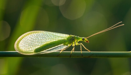 Vibrant green insect perched on slender green stem outdoors