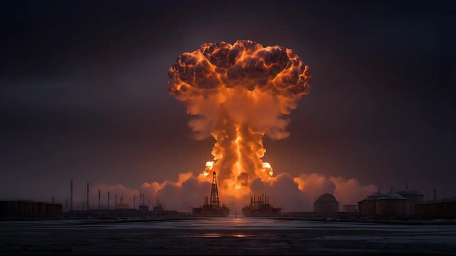 A massive explosion erupts from a facility at dusk, emitting flames and smoke into the darkening sky, viewed from a distance, illustrating a catastrophic event, 16 1 26 (236).mp4