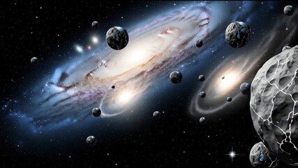 Galaxy formation and planetary alignment in a deep space environment viewed from a celestial vantage point showing stars, planets, and cosmic dust.
