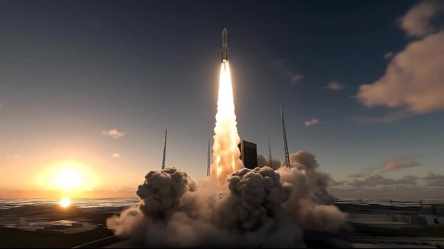 Rocket lifting off from launchpad into the sky at sunrise with smoke and clouds surrounding the scene captured from a distance