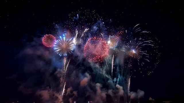 Spectacular fireworks display lighting up the night sky during Independence Day celebration with vibrant colors.