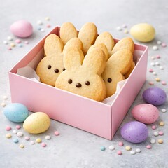 Pink box with bunny-shaped cookies and pastel eggs on a gray background.
