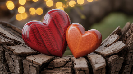 two hearts sitting on a tree stump with bokeh lights