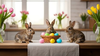 Three brown rabbits around a basket of colorful eggs on a wooden table with tulips in vases.