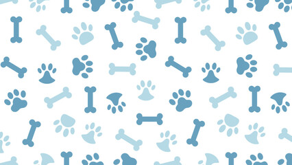 Seamless light blue dog paw and bone pattern on white background for pet shop branding and fabric design