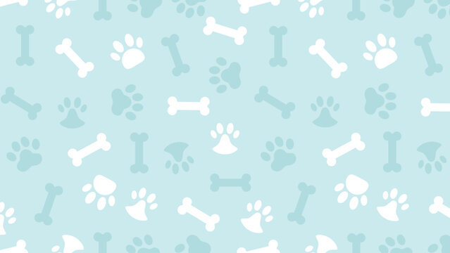 Seamless white dog paw and bone pattern on light cyan background for pet shop branding and fabric design