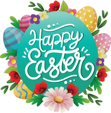 happy easter with spring flower and hunt eggs