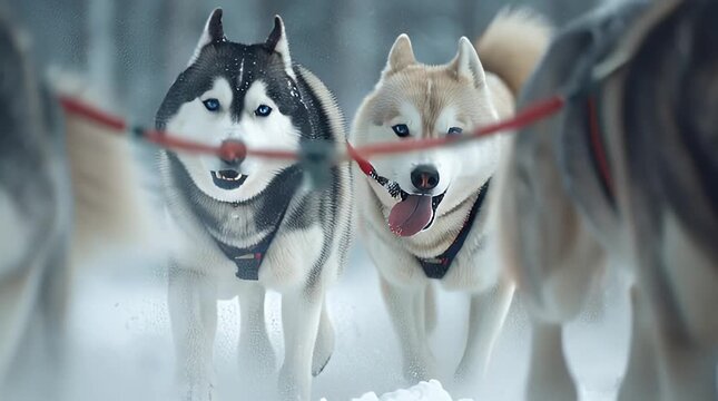 Sled dogs pulling a sled through a snowy forest landscape with excitement and energy from a frontal viewpoint