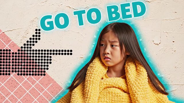 Disgruntled Young Asian Girl Wrapped in Cozy Blanket, Reluctantly Facing Bedtime with 'GO TO BED' Text and Pixelated Pointing Hand