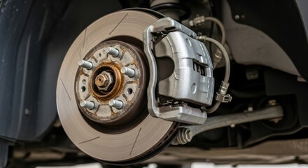 Detailed close-up of a car's braking system components for maintenance and automotive part