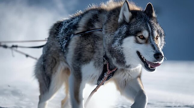 Sled dog running through snowy landscape, pulling a sled with intense focus and energy, captured in a dynamic close-up shot.