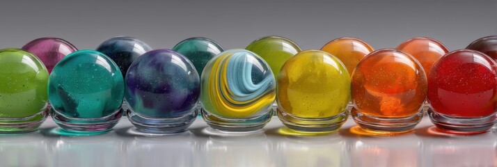 Colorful Collection of Identical Glass Spheres in a Straight Row