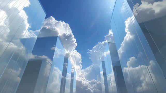 Ethereal Glass Structures Reflecting Clouds Under Bright Blue Sky in Futuristic Landscape