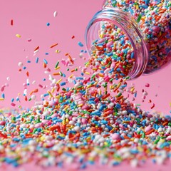 Colorful Sprinkles Falling from Jar on Pink Background
